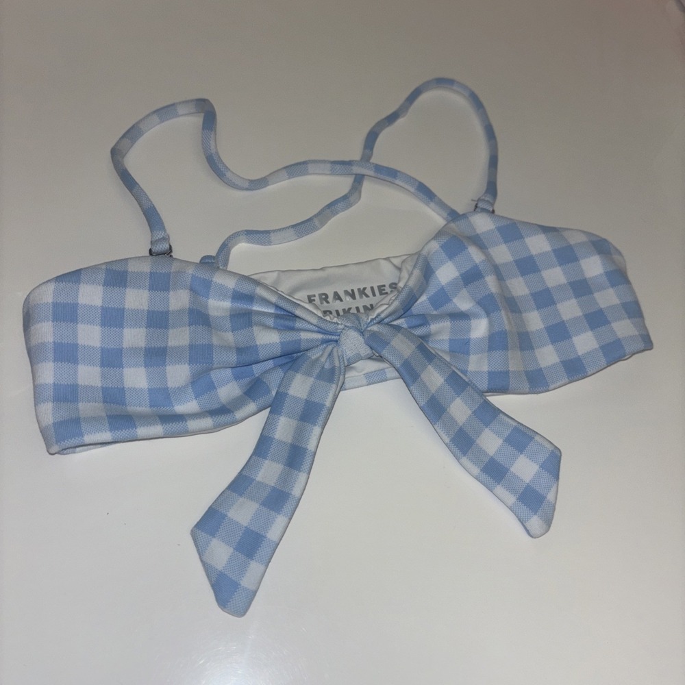 Frankies Bikinis Greer Gingham Bow Front Bikini Top Blue White Medium - Picture 3 of 6